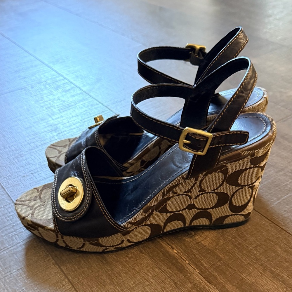 Coach Rana Signature Canvas Wedge Sandals Black Brown Size 8.5 - Picture 4 of 11
